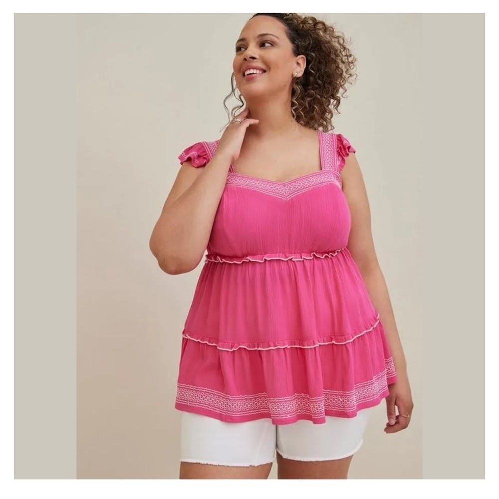 TORRID Babydoll Crinkle Gauze Embroidered Tiered Top